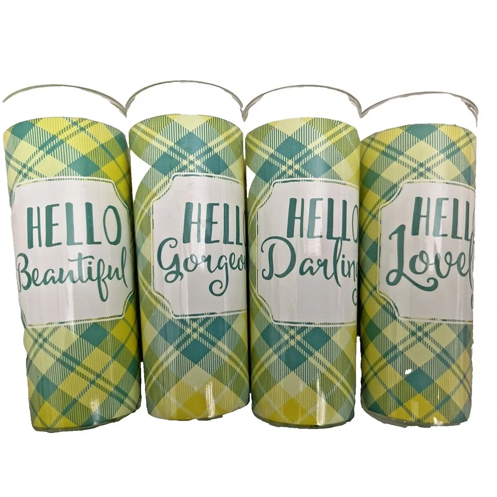 Set of 4 2 FL OZ TALL GREEN+YELLOW PLAID SHOOTERS SHOT GLASSES Girly Girl Saying